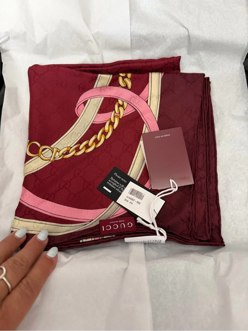 Gucci Burgundy Silk Scarf with Pink & Gold Chain Motif